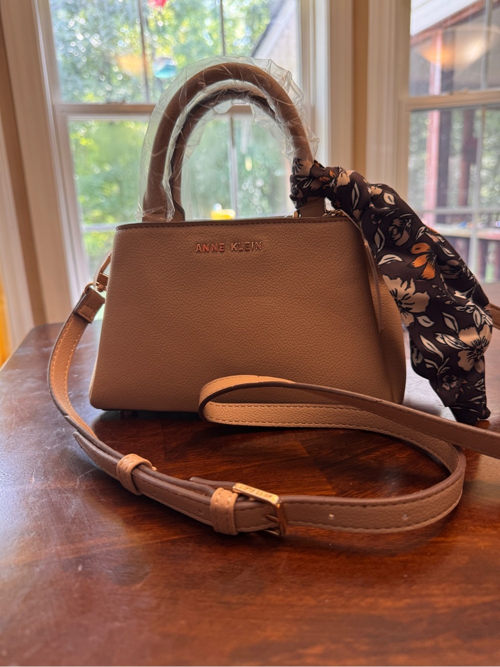 Anne Klein Taupe Mini Satchel with Floral Scarf Accent